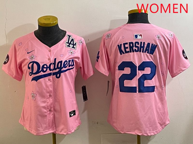 Women Los Angeles Dodgers #22 Kershaw Pink White Blue Sakura Edition 2025 Nike MLB Jersey style 9
